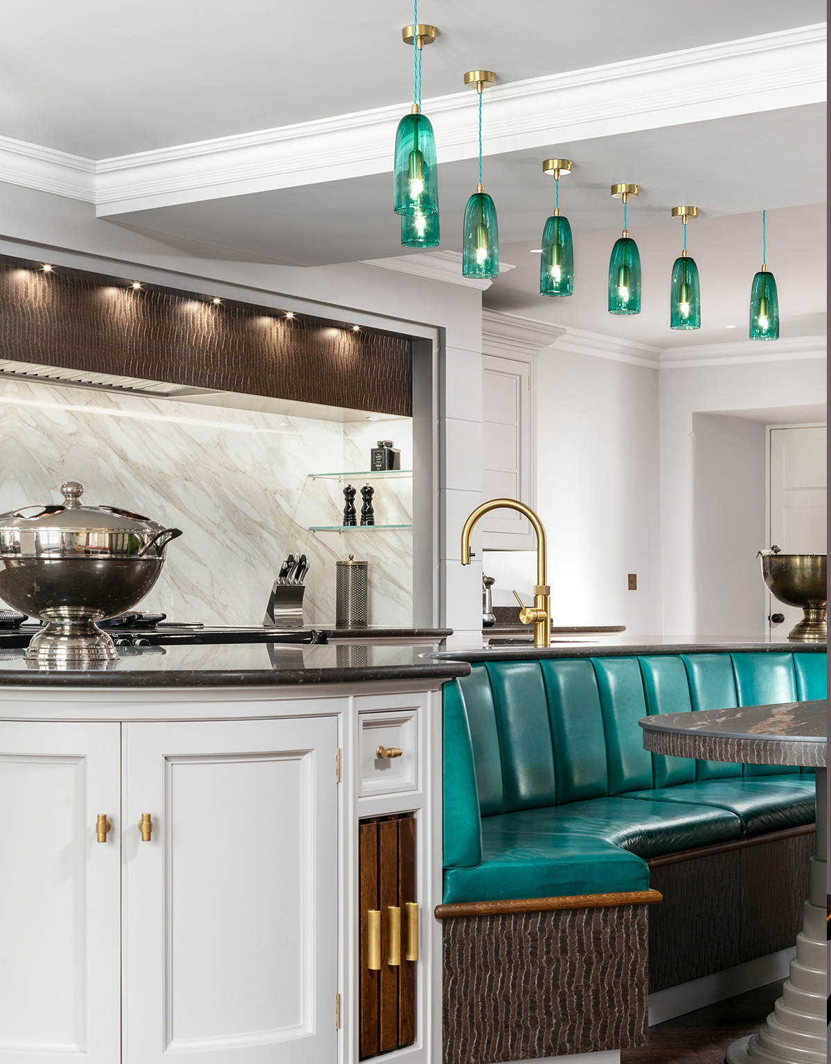 Multiple-Teal-Glass-Pendants-Kitchen