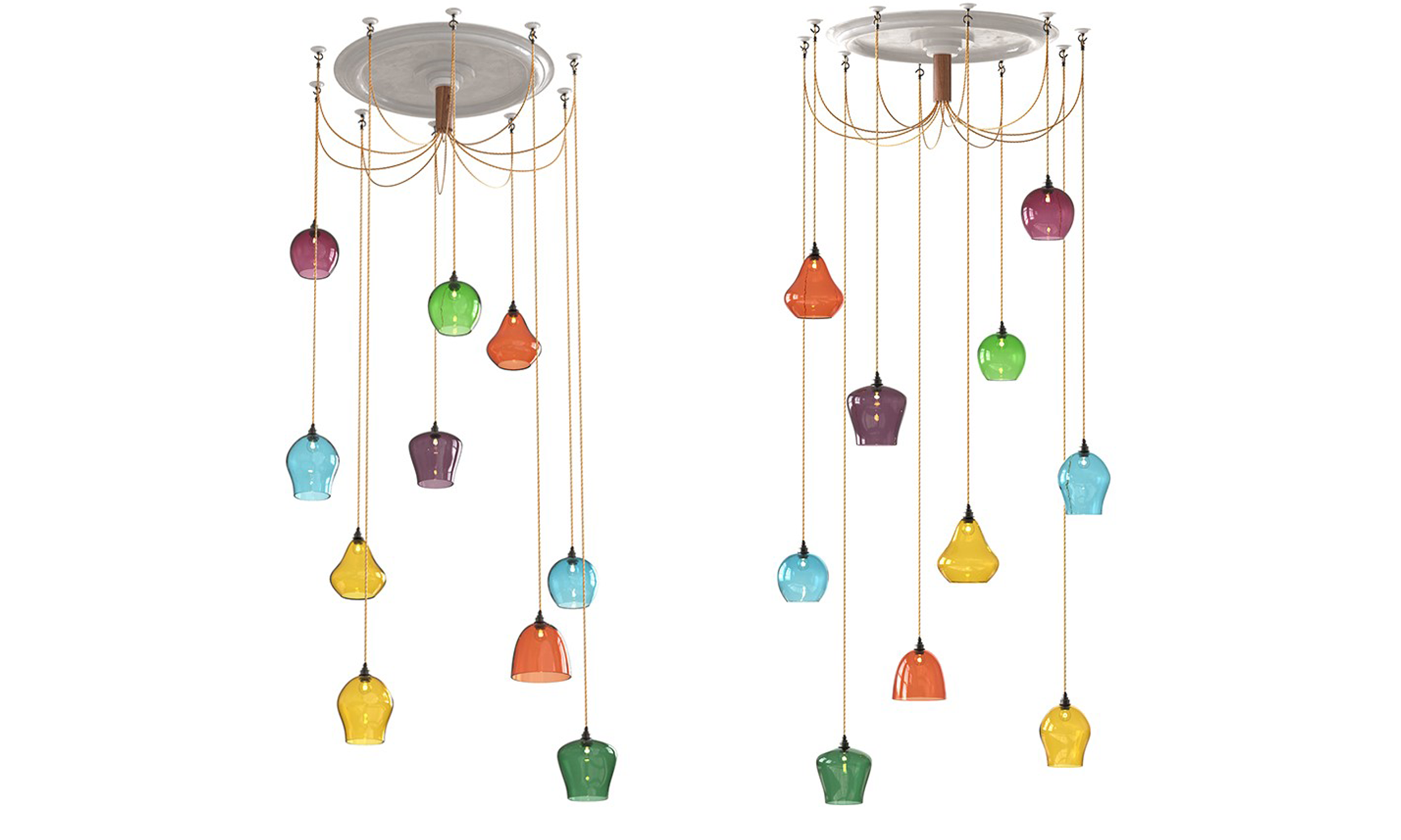The chandelier features five glass designs in a number of vibrant colours from the Curiousa &amp; Curiousa Classic and Pear Drop ranges.