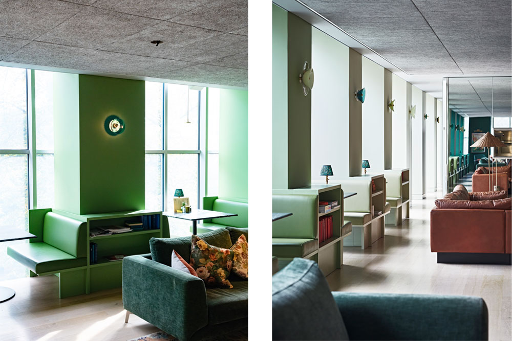 Hand-blown glass and vintage china plate wall lights featured in the Design Kitchen at London's Design Museum.
