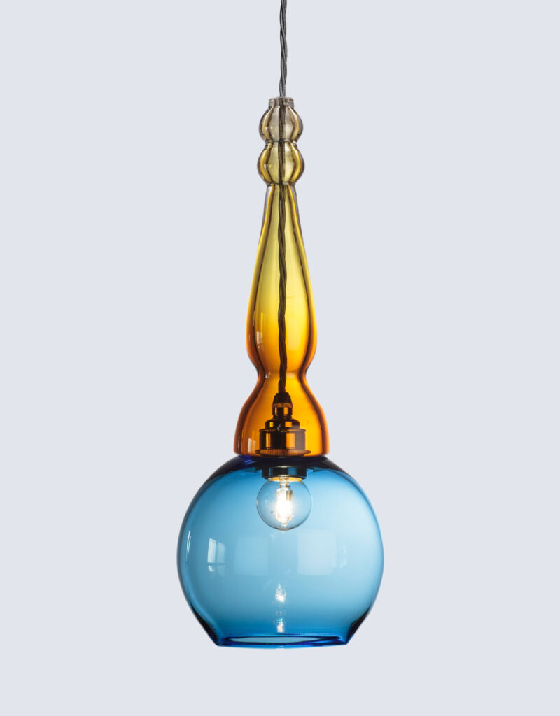 Yellow and blue murano inspired decorative pendant light.