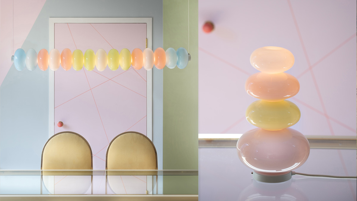 Candy coloured glass horizontal beam pendant and matching stacked glass table lamp from the Glowbule Light Collection as featured in the Barbie movie.