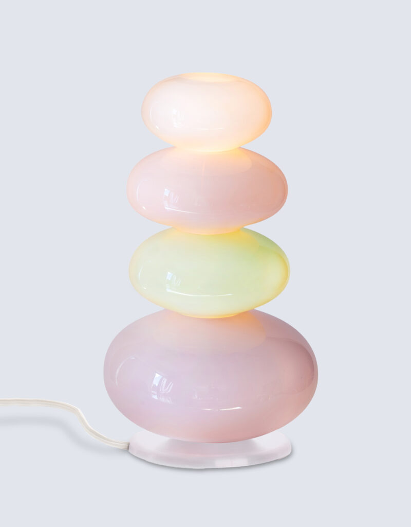Hand-made pastel pink and green stacked glass table lamp designed by Adam Nathaniel-Furman and featured in the Barbie movie directed by Greta Gerwig.