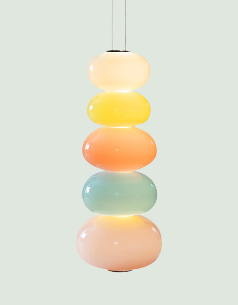 Hand-blown glass statement pendant light in semi-opaque pastel pink, blue, green and white. Designed by Adam Nathaniel Furman.