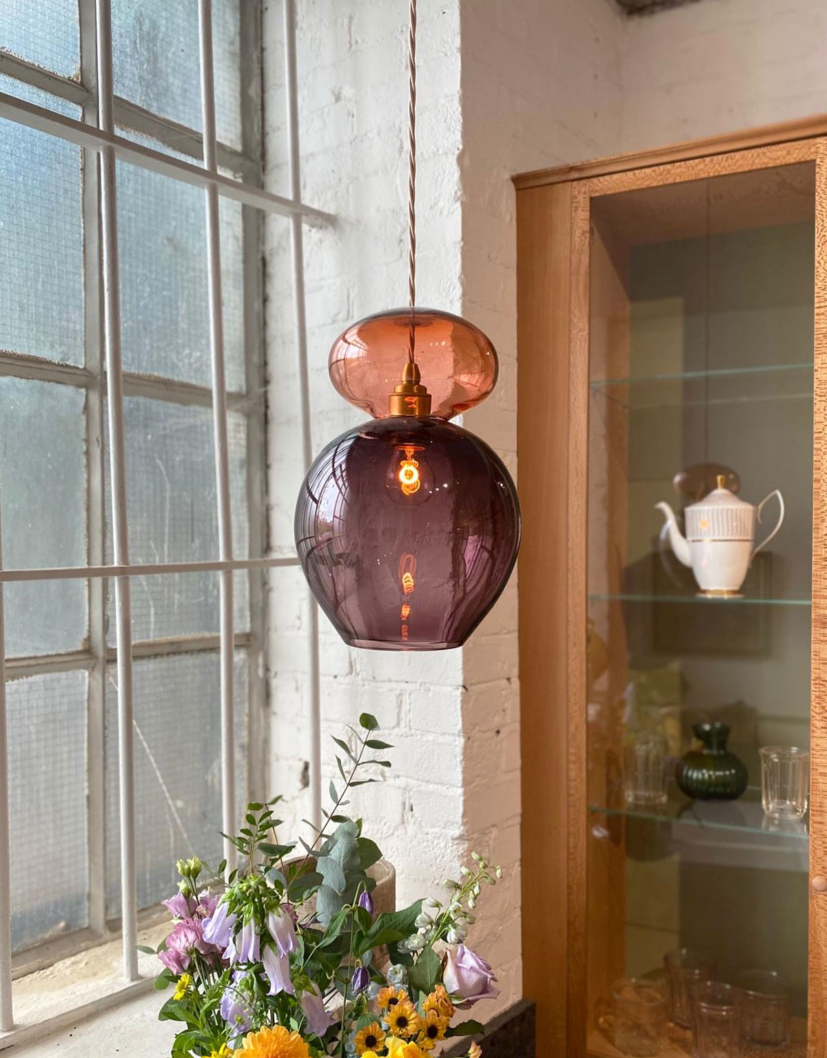 colourful-handblown-stacked-bubble-glass-pendant-light-purple-kitchen